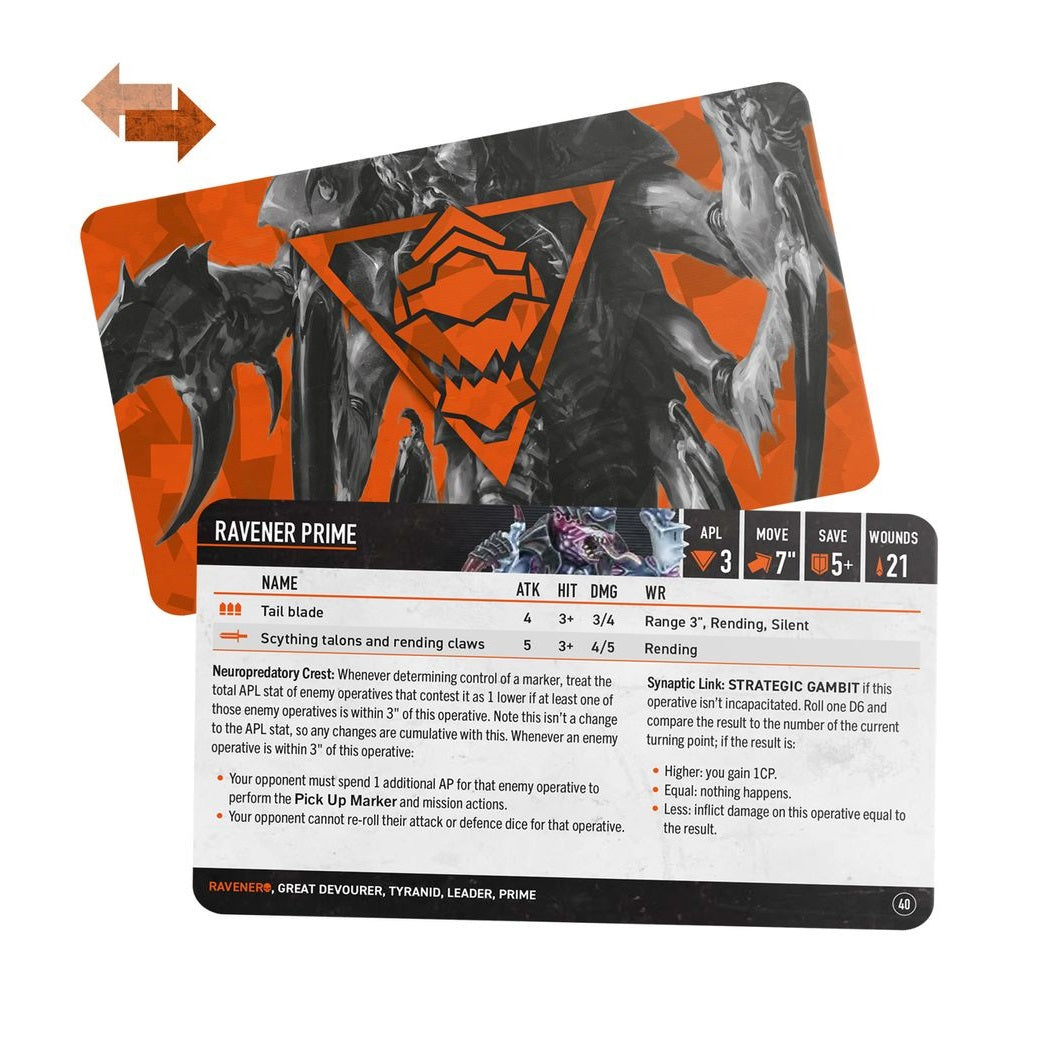 Warhammer 40K Kill Team Ravener Prime data card. Shows Tyranid artwork, orange faction logo, stats, and rules