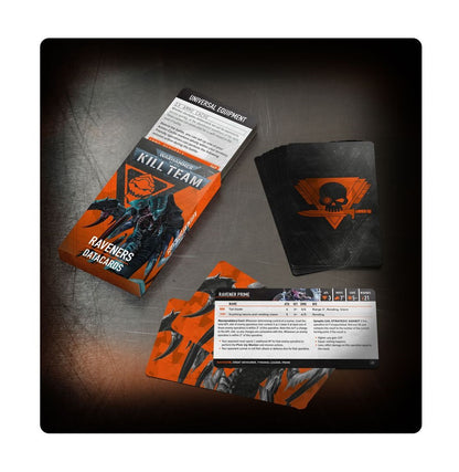 Warhammer Kill Team Raveners Datacards box, with stacked black cards and two Ravener Prime stats cards displayed