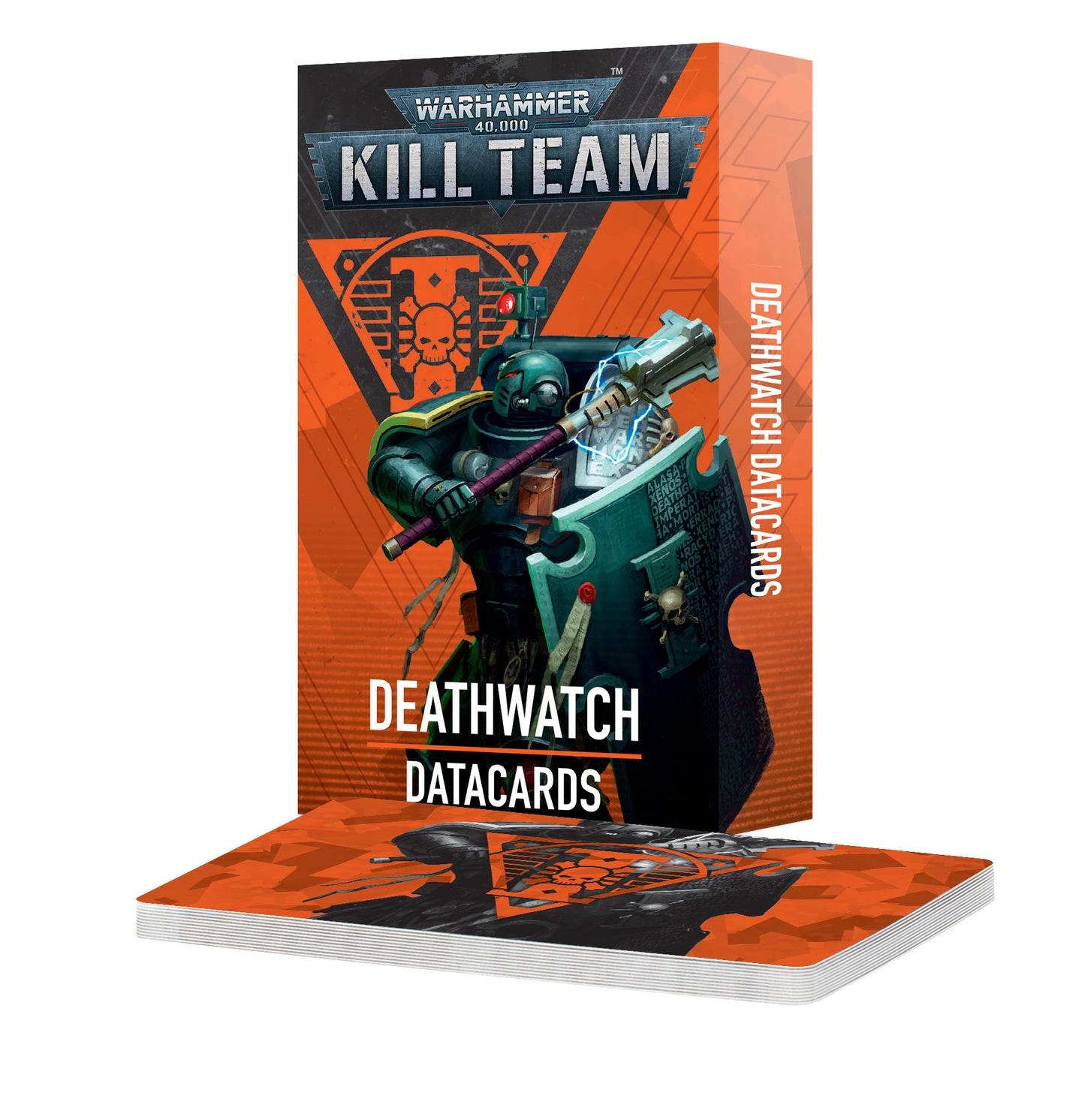 Warhammer 40K Kill Team Deathwatch Datacards set. Box features a Space Marine holding a shield and power hammer