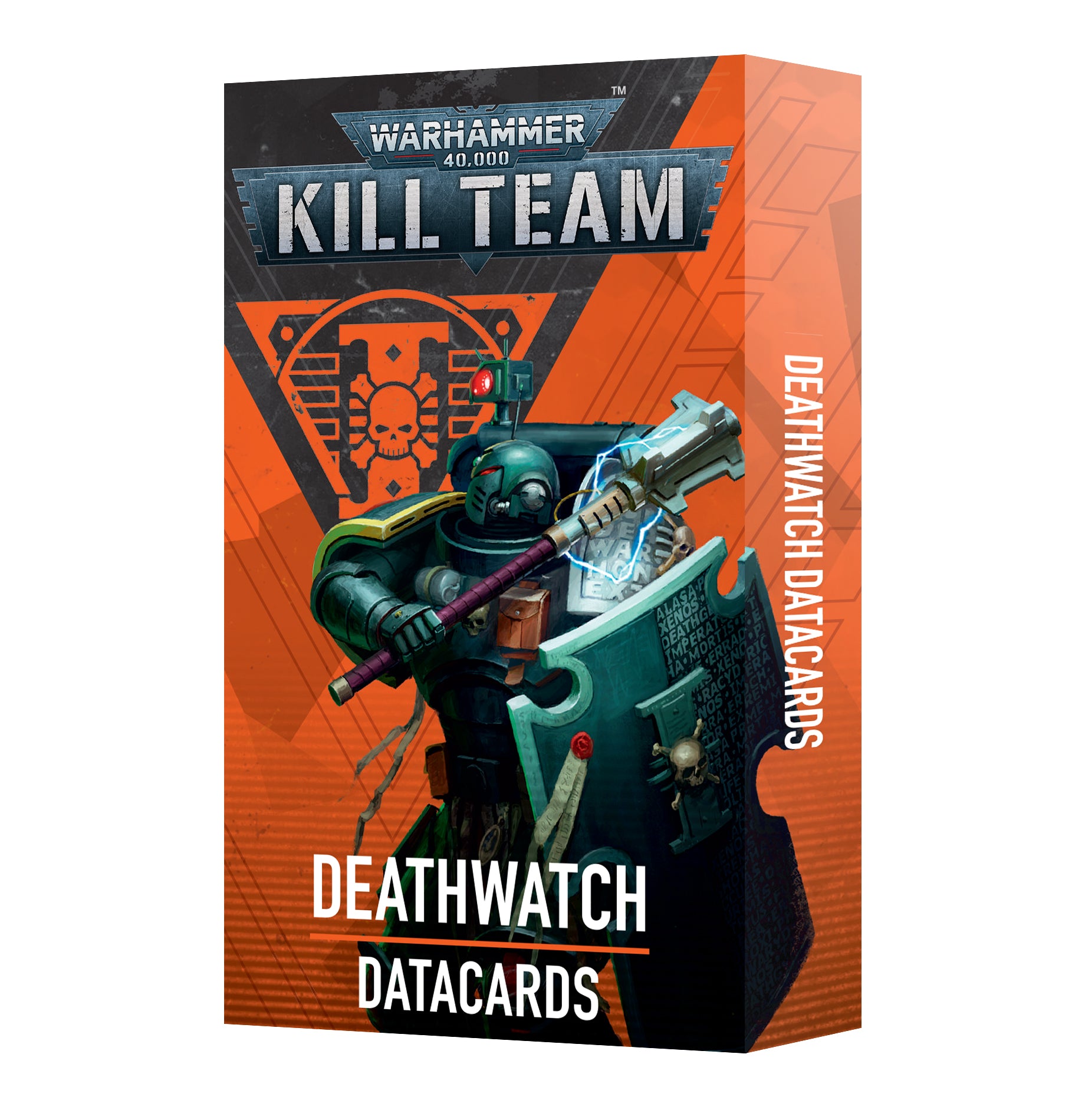 Deathwatch Datacards box art: A Space Marine in dark armor holds an energized hammer and large shield