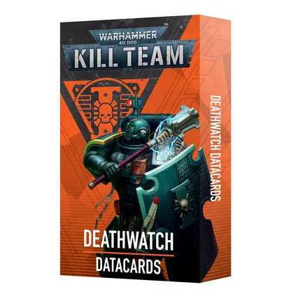 Deathwatch Datacards box art: A Space Marine in dark armor holds an energized hammer and large shield