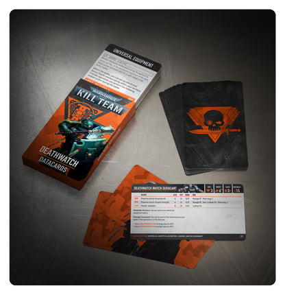 Warhammer 40K Kill Team Deathwatch Datacards box and cards, including the Watch Sergeant unit profile