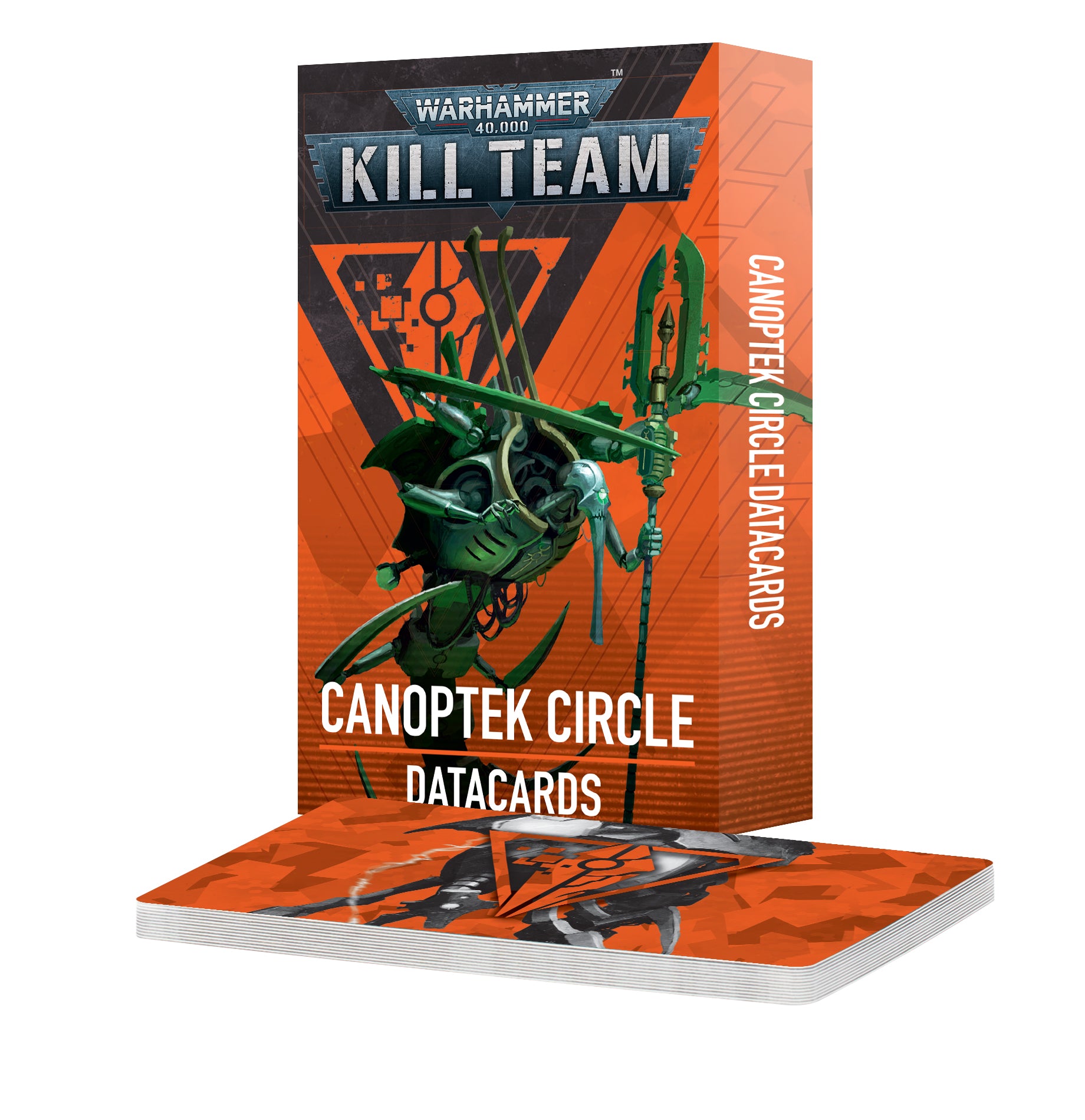 Warhammer 40K Kill Team Canoptek Circle Datacards box, featuring green Necron artwork on an orange background