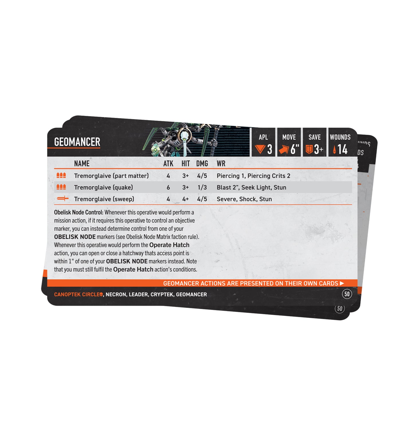 Necron Geomancer game data card displaying unit stats (APL 3, Wounds 14) and Tremorglaive weapon profiles