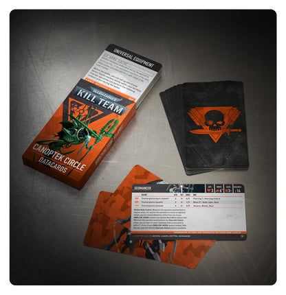 Canoptek Circle Necron Datacards for Warhammer 40K Kill Team, with the box and open rule cards visible