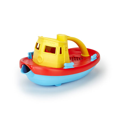 Colourful plastic toy tugboat by Green Toys, featuring a yellow cabin, red deck, and blue hull