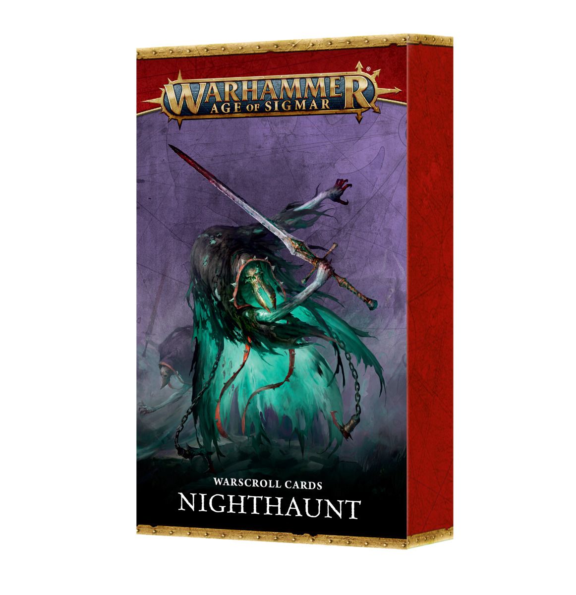 Warhammer Age of Sigmar Nighthaunt Warscroll Cards box featuring a chained specter raising a bloody sword