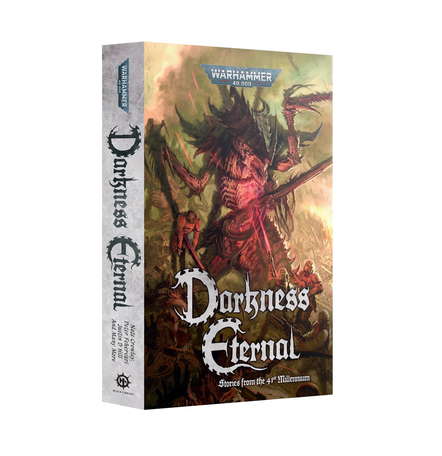 Warhammer 40k book, "Darkness Eternal" Cover art shows a massive Tyranid creature battling Imperial Guardsmen