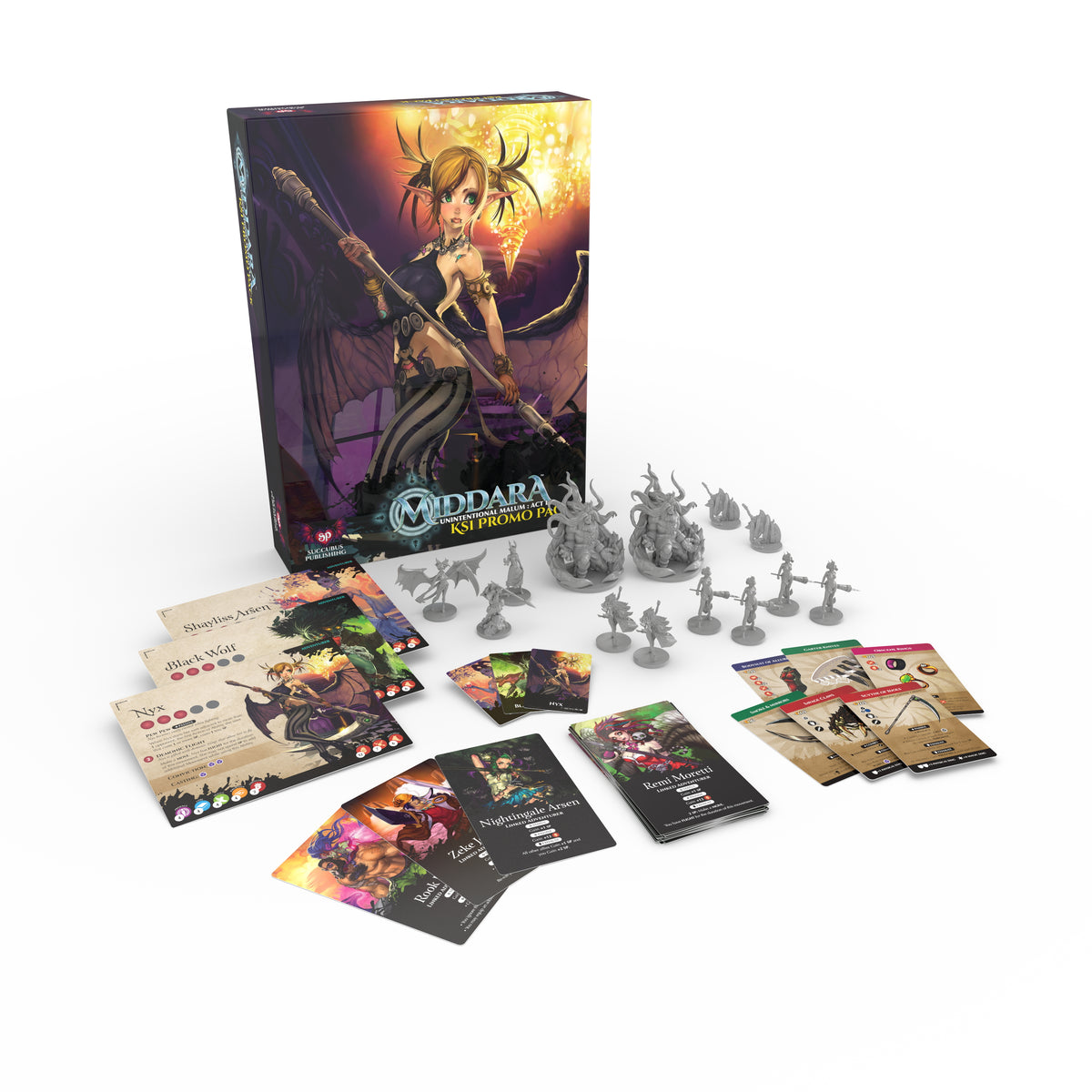 Middara: Unintentional Malum KSI Promo Pack board game set displayed with box, miniatures and cards.