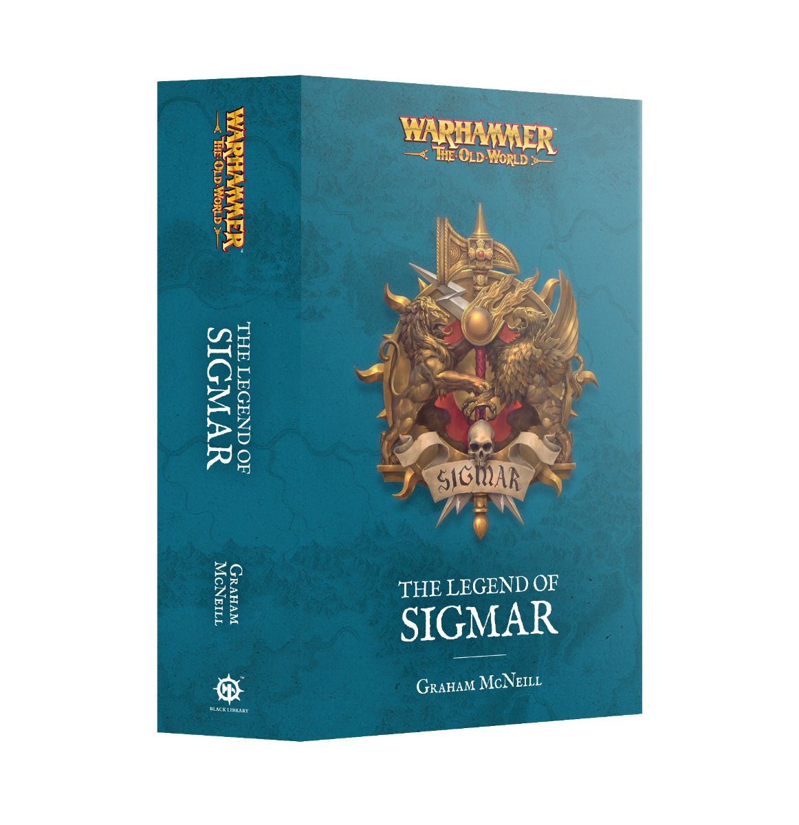 Warhammer: The Old World novel, The Legend of Sigmar by Graham McNeill. Teal cover with a golden Sigmar emblem