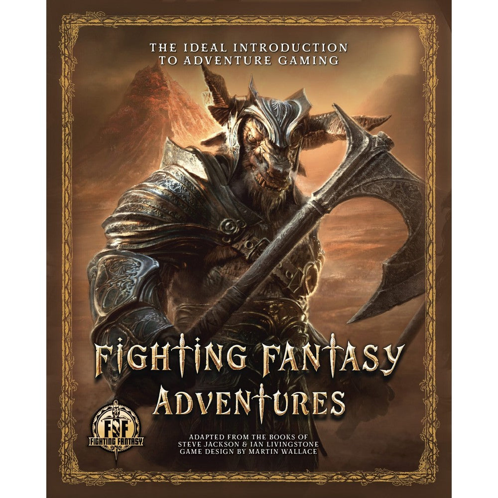 Armored, goat-headed warrior (Minotaur) wielding a large battle-axe. Cover for "Fighting Fantasy Adventures"