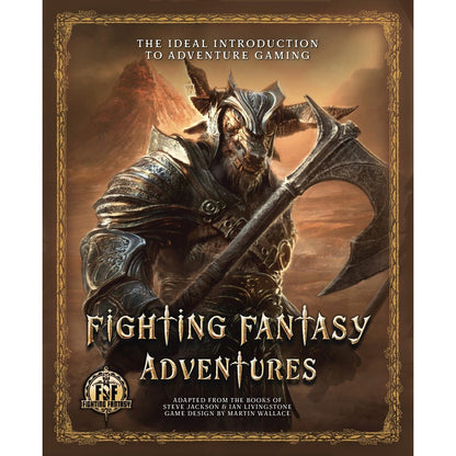 Armored, goat-headed warrior (Minotaur) wielding a large battle-axe. Cover for "Fighting Fantasy Adventures"