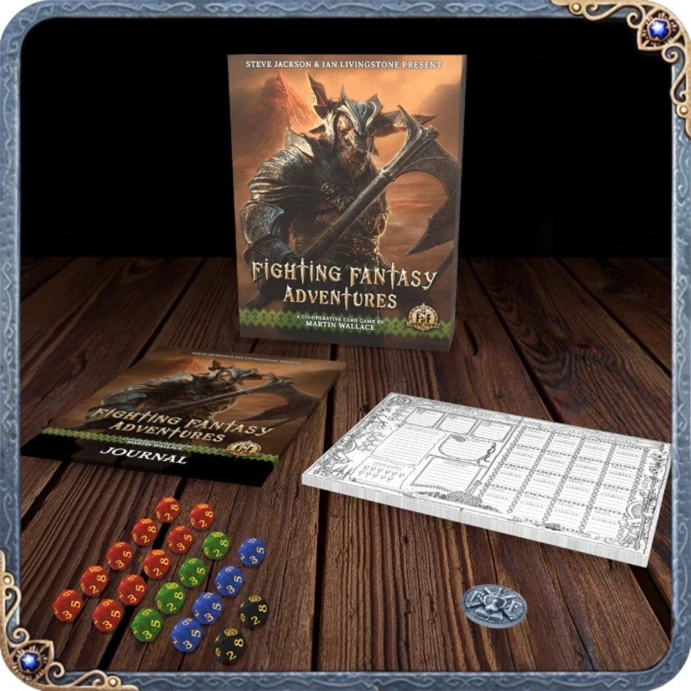 Fighting Fantasy Adventures box, journal, dice, and character sheet laid out on a wooden table