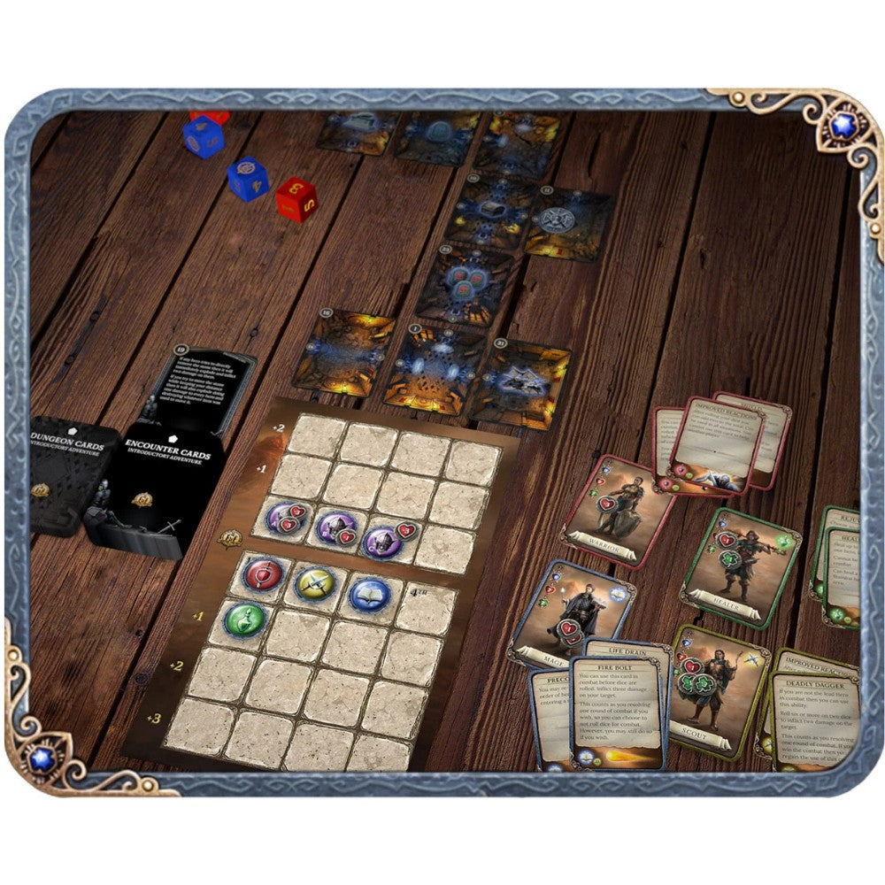 Fantasy board game setup showing cards, dice, and a modular tile grid on a dark wooden table
