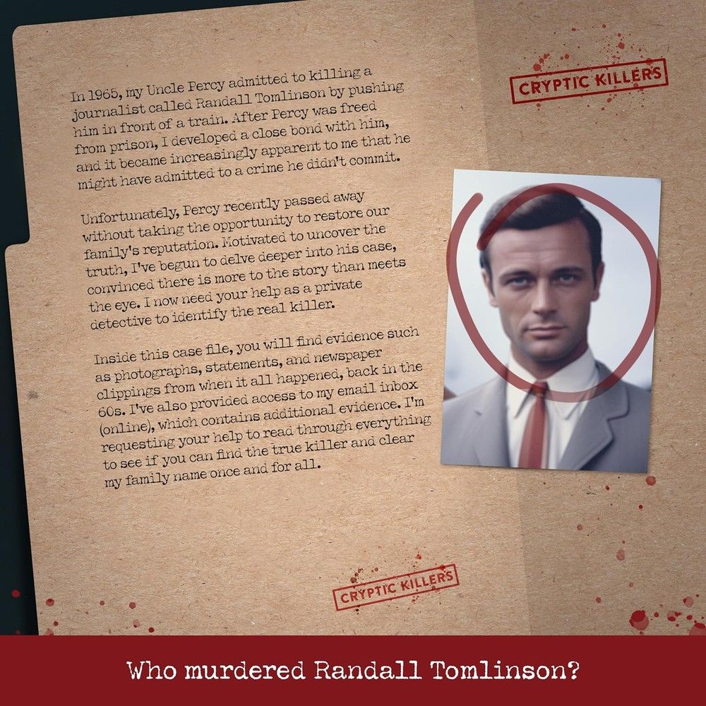 Case file with text about Randall Tomlinson's 1965 murder, blood stains, and a photo of a man circled in red