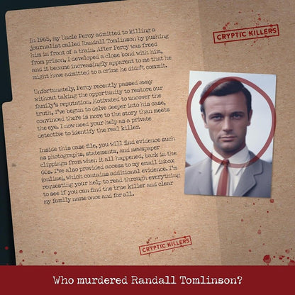 Case file with text about Randall Tomlinson's 1965 murder, blood stains, and a photo of a man circled in red