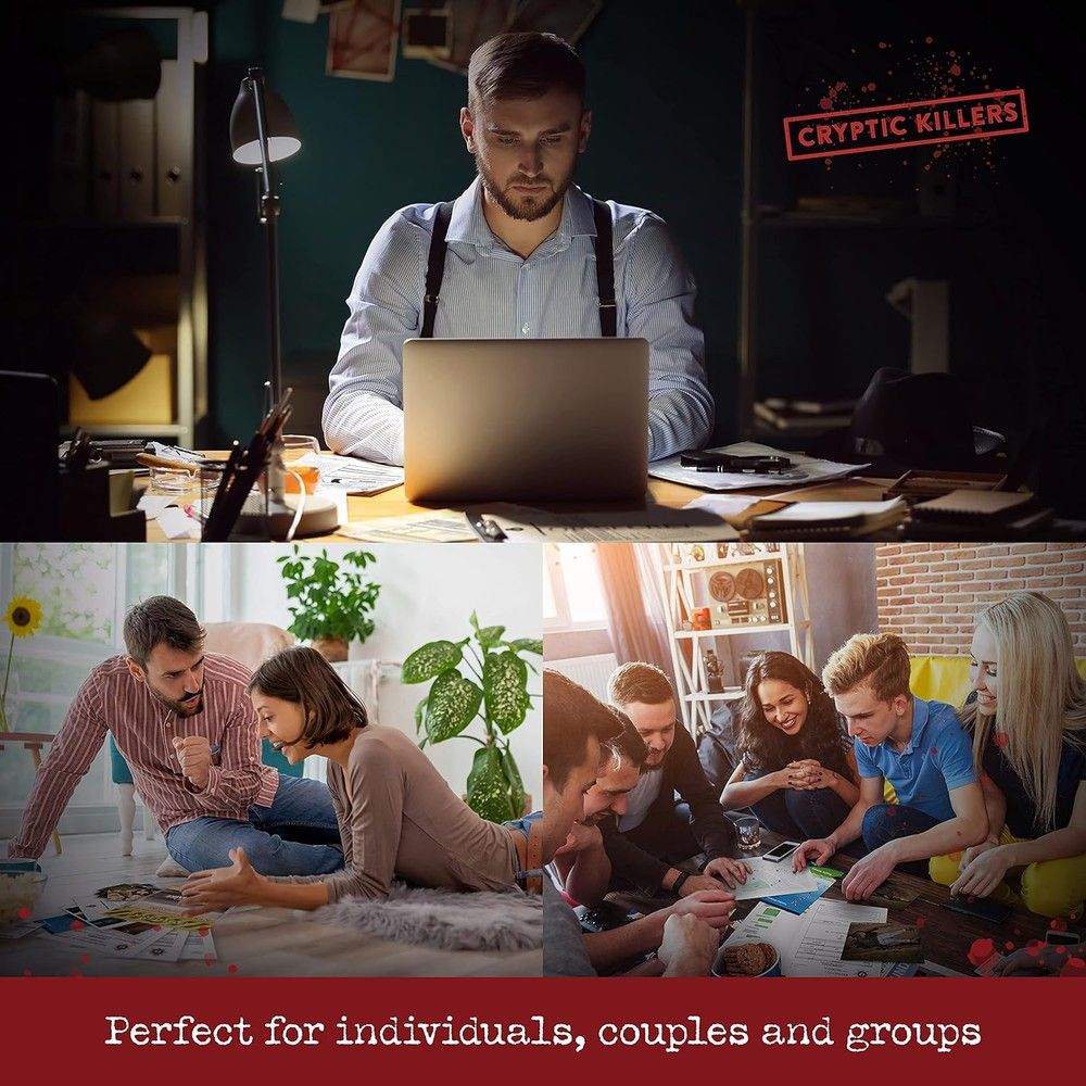 Man on laptop, couple, and group analyzing documents for a mystery game