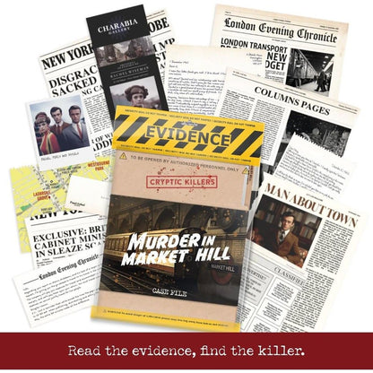 Murder mystery game case file and evidence surrounded by vintage newspaper clippings, photos, and documents