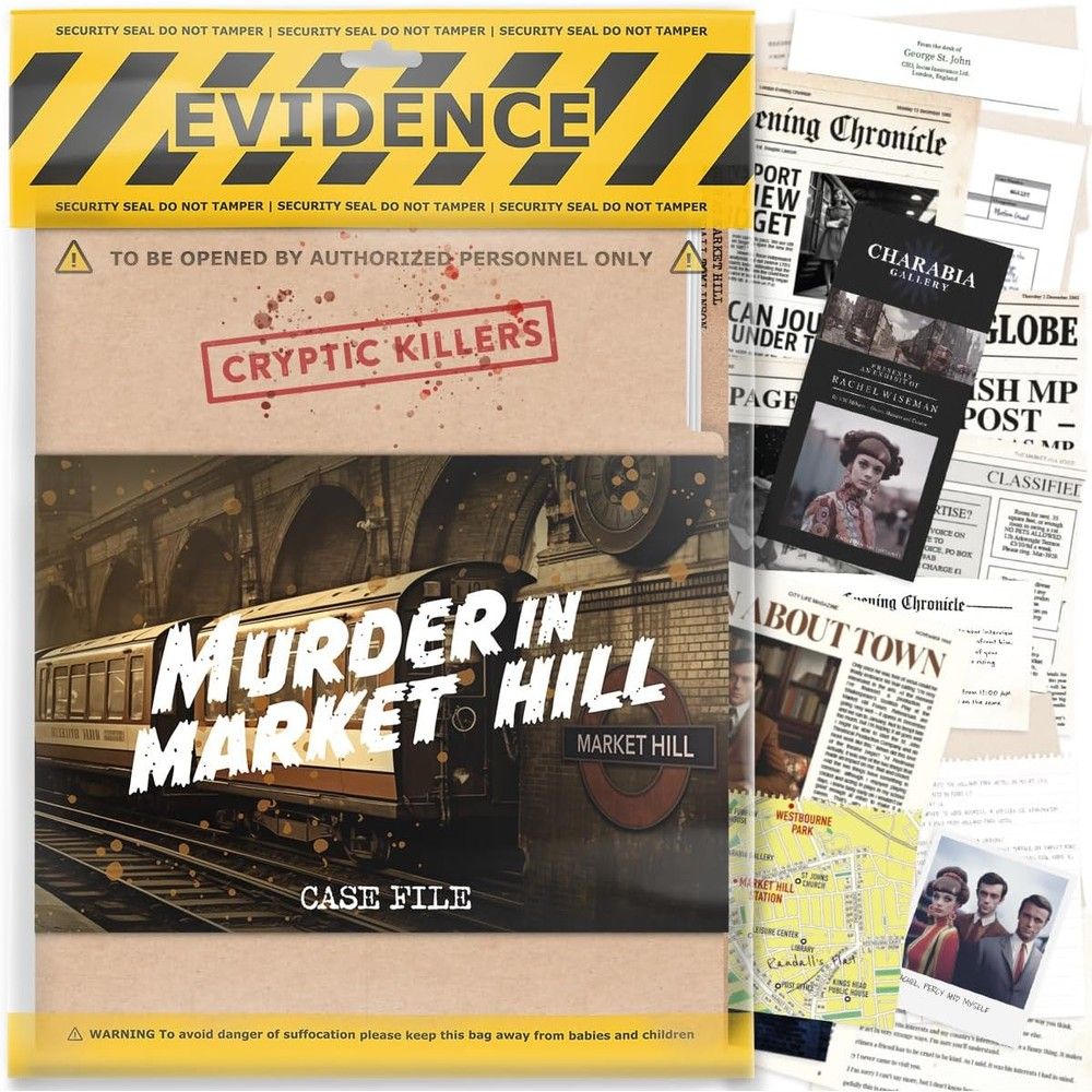 Murder in Market Hill case file game sealed in an EVIDENCE bag, showing a train, maps, newspaper clippings, and photos