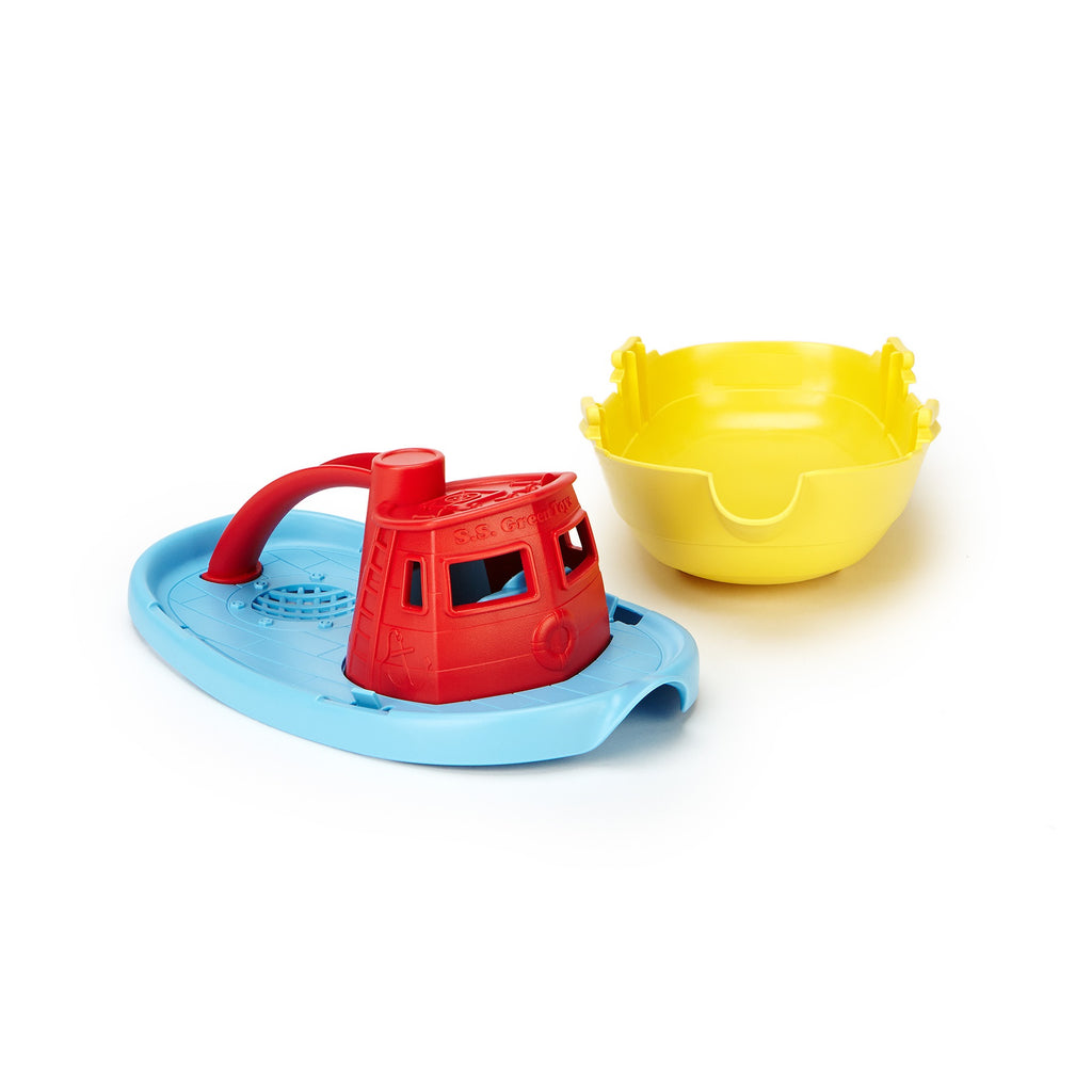 Blue and red plastic tugboat bath toy with a yellow pouring scoop