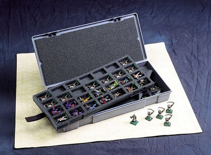 Open gray storage case with black foam tray organizing colourful miniature game figures