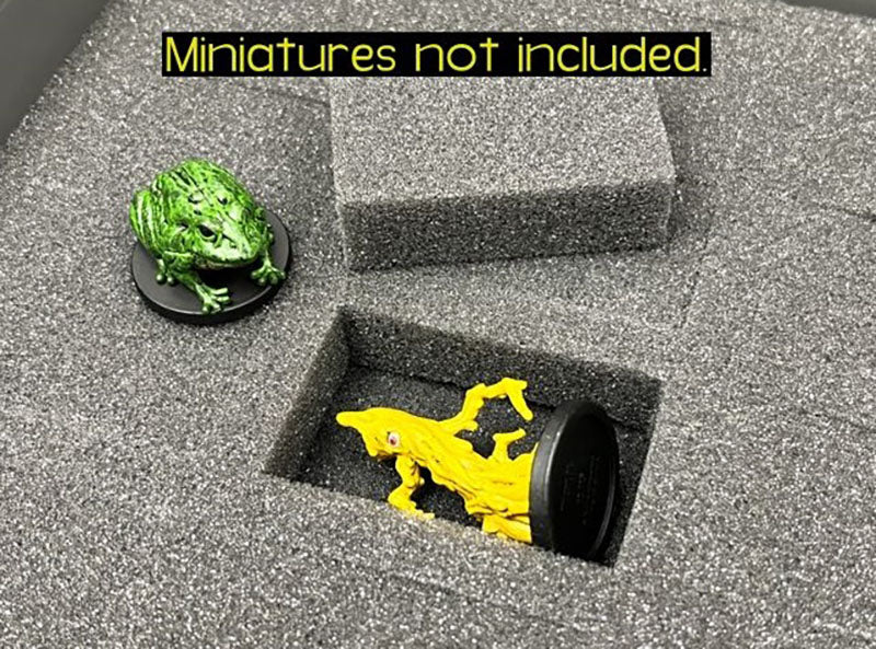 Black foam tray with custom cutouts, a green frog miniature on top, and a yellow monster miniature in a slot