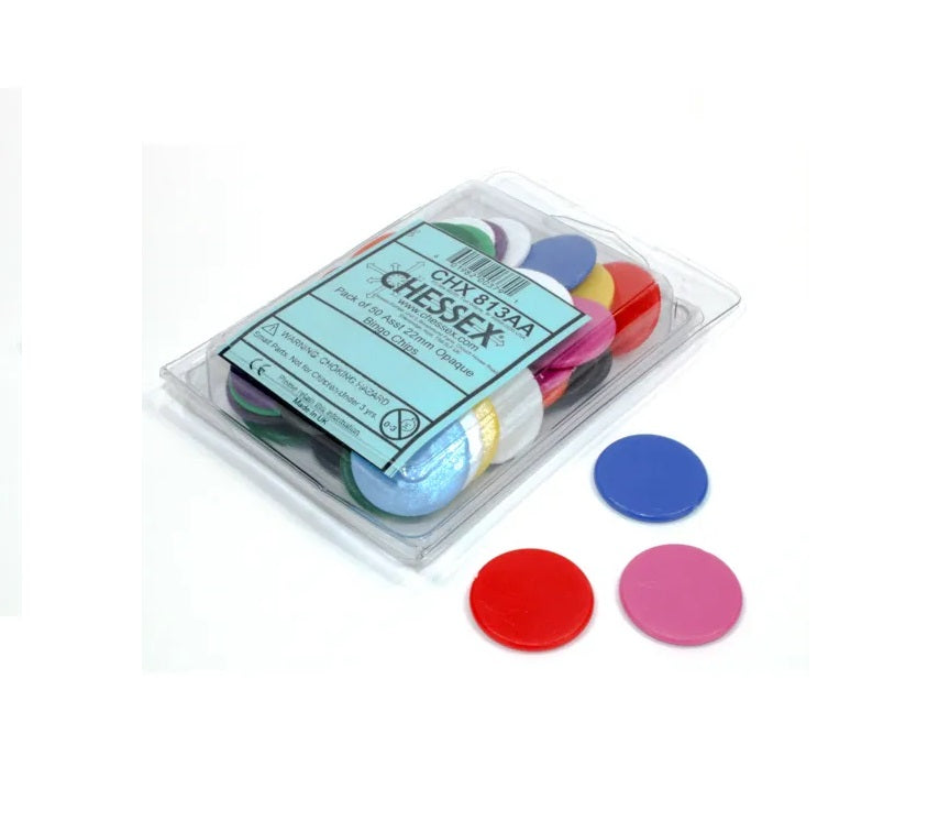 Colorful Chessex Opaque Bingo Chips in a clear pack, with three loose red, blue, and pink chips on white
