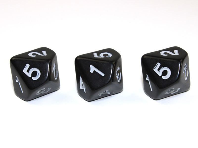 Three black gaming dice with white numbers on a plain white background