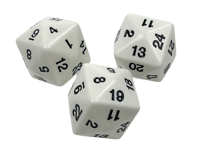 Three white 24-sided gaming dice with black numbers on a plain white background 