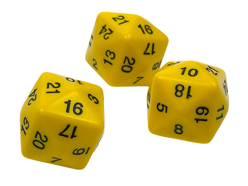 Three yellow 24-sided gaming dice with black numbers on a plain white background 