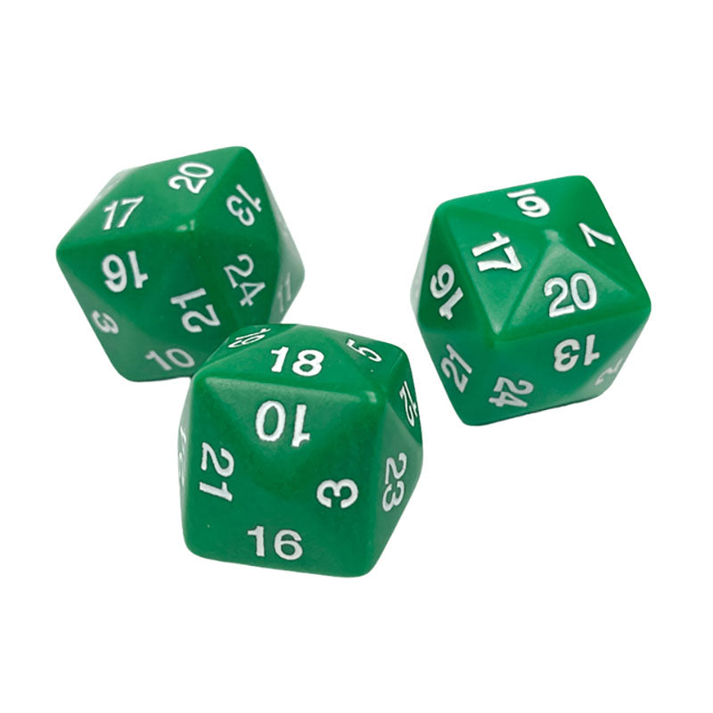Three green 24-sided gaming dice with white numbers on a plain white background 