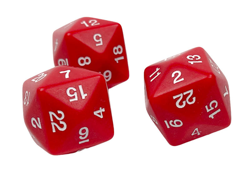 Three red 24-sided gaming dice with white numbers on a plain white background 