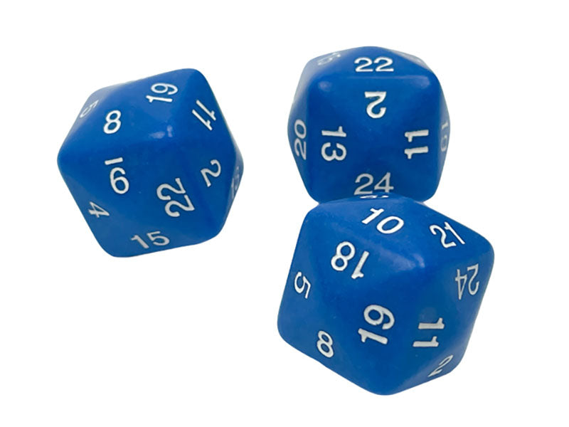 Three blue 24-sided gaming dice with white numbers on a plain white background 