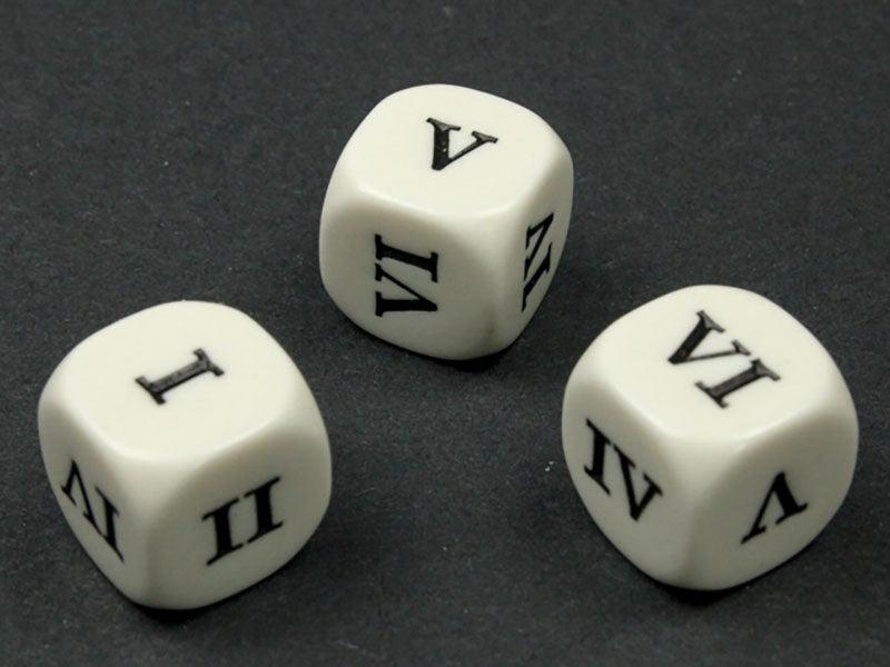 Three white game dice with black Roman numerals I, II, IV, V, VI visible, on a dark grey surface 