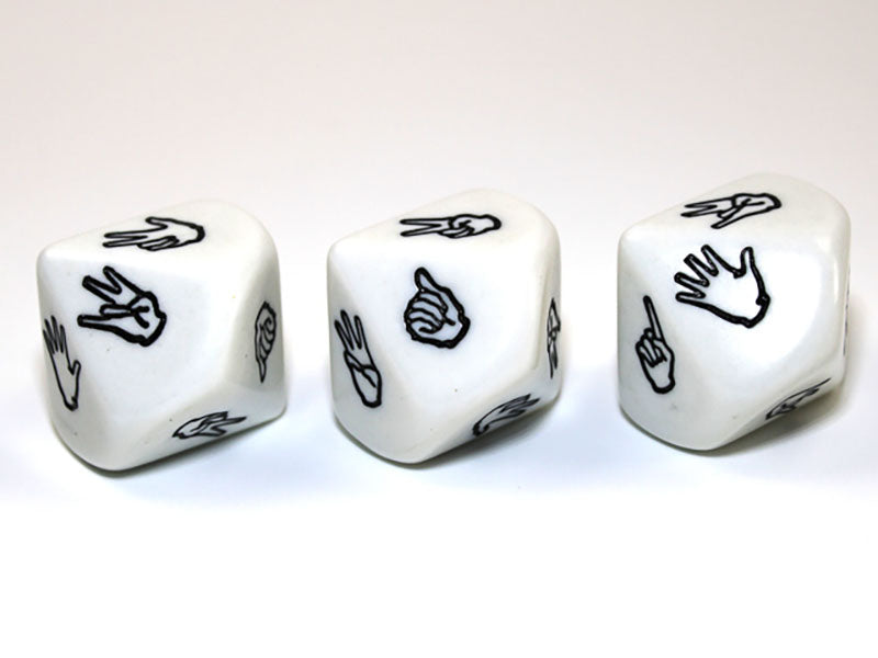 Three white 10 sided dice with black Sign Language showing on a white background