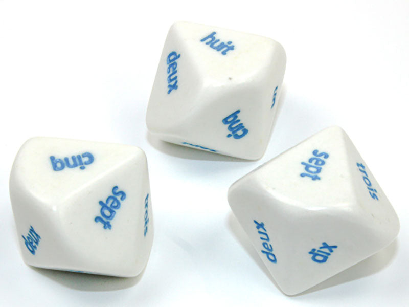 Three white 10 sided dice with blue French Word Numbers showing on a white background