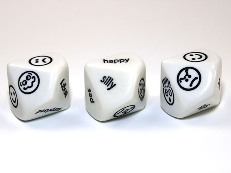 Three white 10 sided dice with black Faces or Words showing on a white background