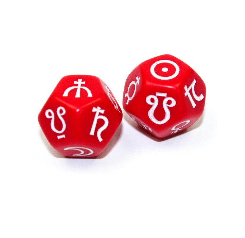 Two red d12 dice with white planets symbols
