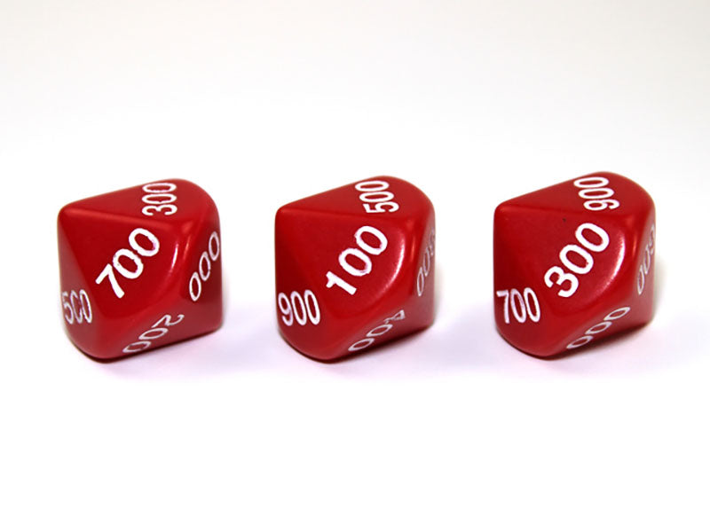 Three red D10 dice with white numbers on a white background 