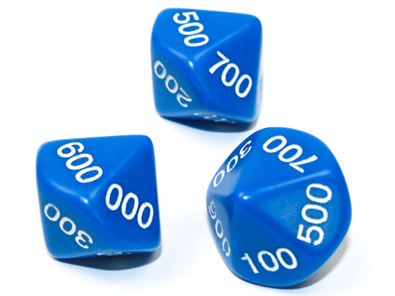 Three blue 10 sided dice with white 000 900 numbers showing on a white background