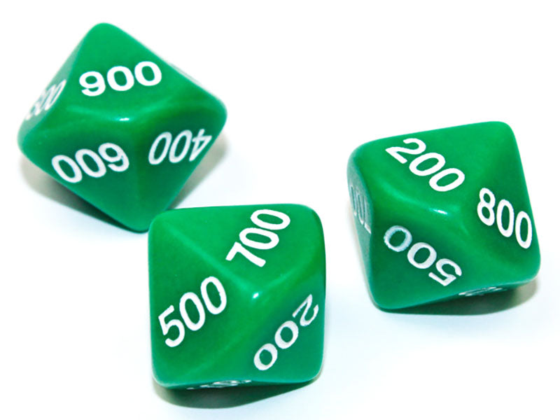 Three green 10 sided dice with white 000 900 numbers showing on a white background