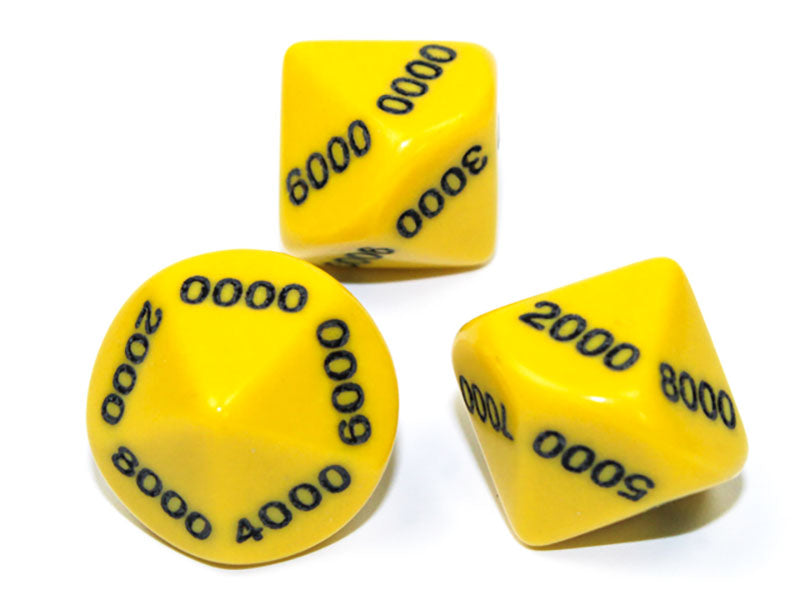Three yellow D10 dice with black numbers on a white background 