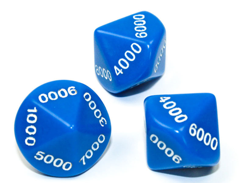 Three blue 10 sided dice with white 0000 9000 numbers showing on a white background