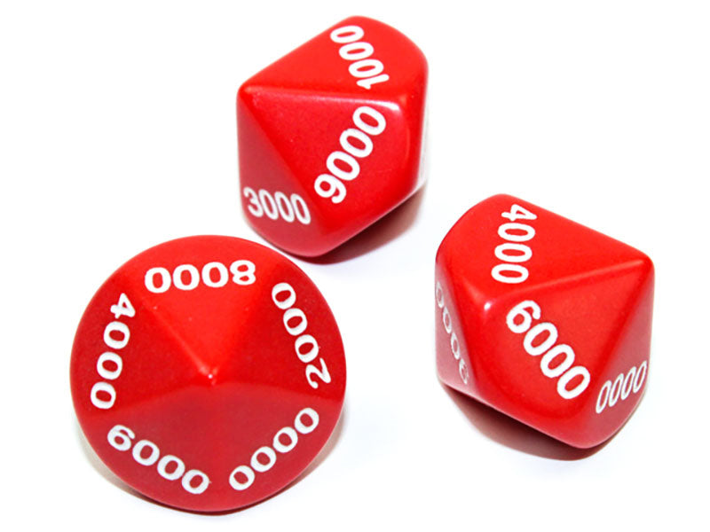 Three red 10 sided dice with white 0000 9000 numbers showing on a white background