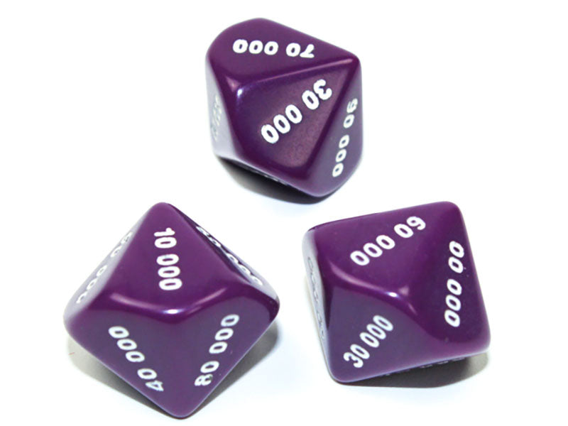 Three purple 10 sided dice with white 00000 90000 numbers showing on a white background