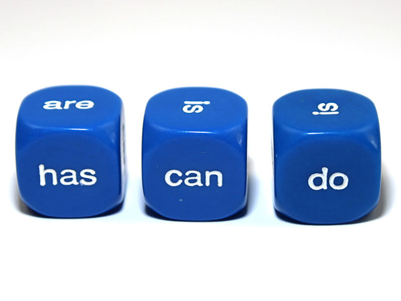 Three blue 6 sided dice with white Being & Helping words showing on a white background