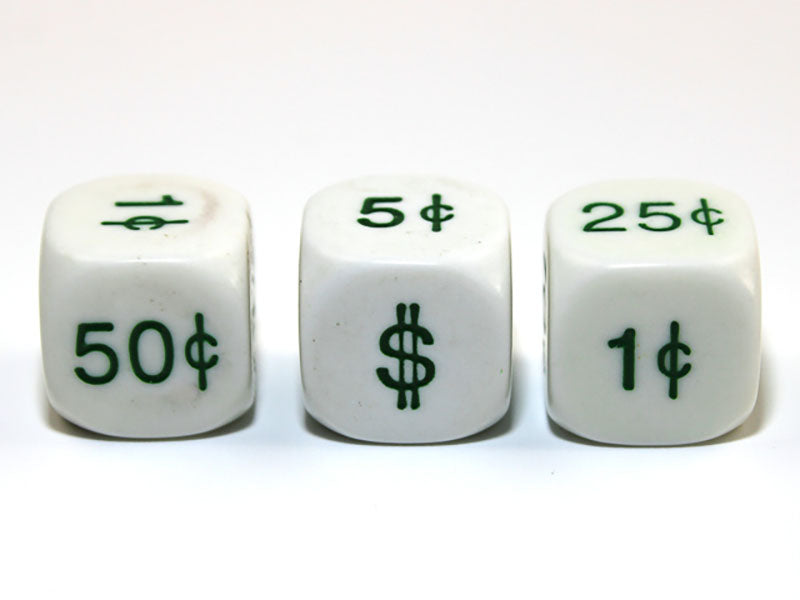 Three white dice with green currency symbols and values