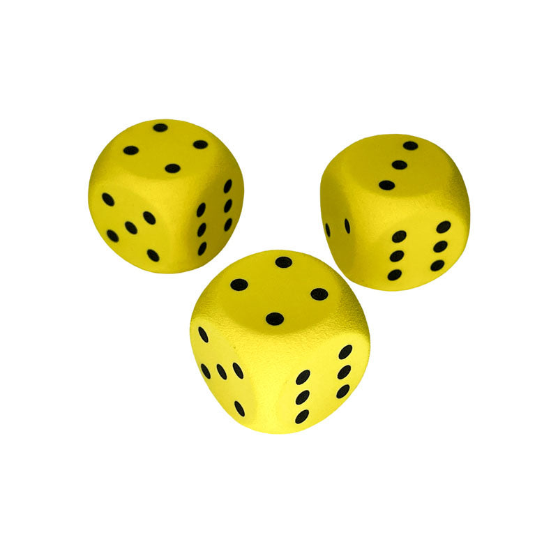 Three yellow dice with black pips scattered on a white background 