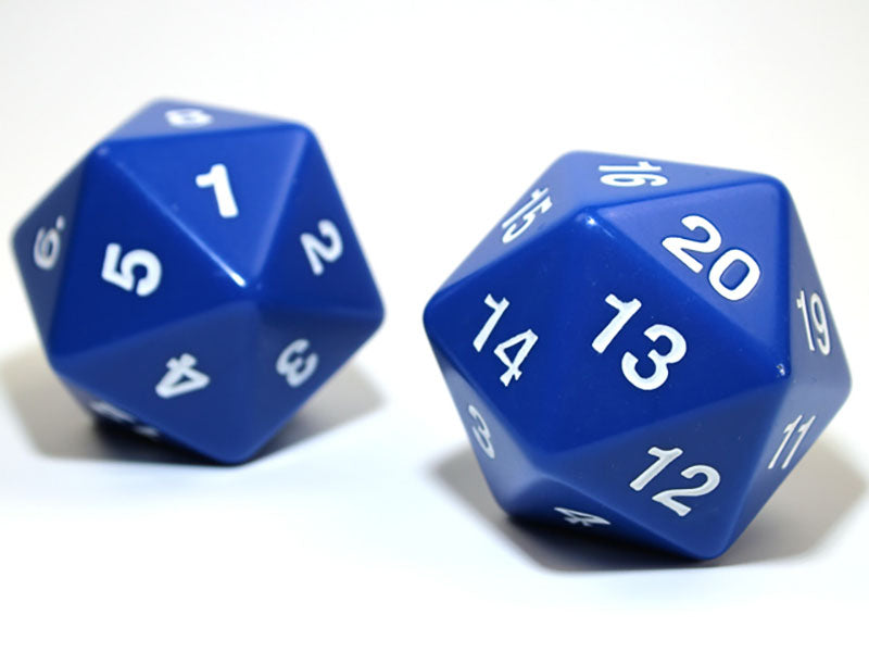 Two blue 20 sided dice with white 1 20 numbers showing on a white background