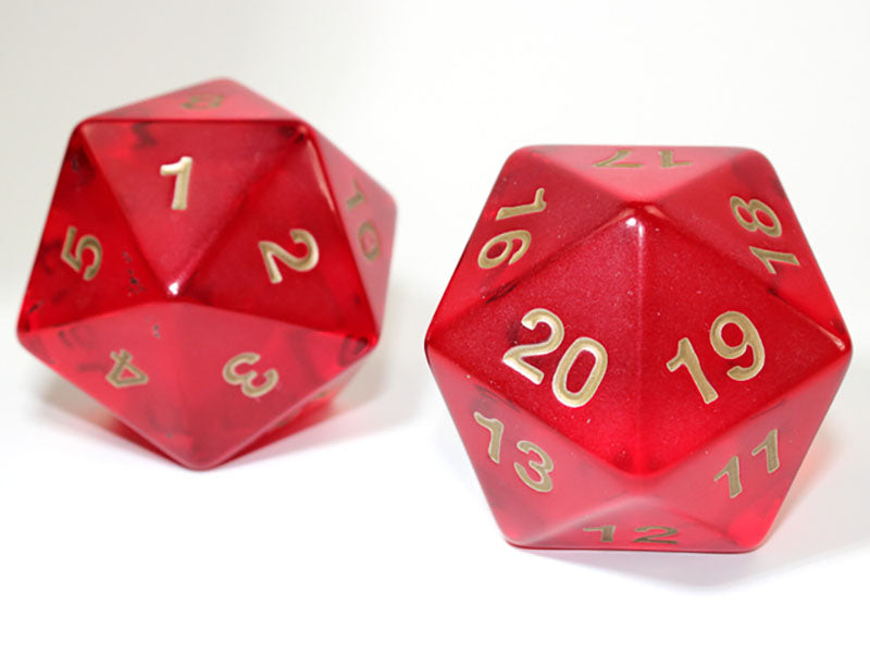 Two translucent red 20 sided dice with gold 1 20 numbers showing on a white background